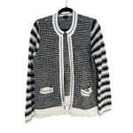 Talbots  Black White Striped Knit Open Front Fringe Cardigan Sweater Women's L Photo 6
