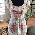 Vintage Y2K Blue Sketch Sheer Floral Lace Trim Back Tie Blouse Top Size L Photo 0