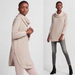 EXPRESS  | Y2K Extreme Circle Hem Cowl Neck Ribbed Knit Cozy Sweater, Blush Beige Photo 1