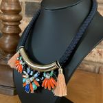 Jeweled Statement Necklace Navy Blue Cord Rhinestone Teal Orange Blue Photo 2