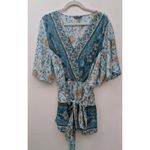 BloomChic Teal Boho Crossover Blouse Floral Peplum Tie Belt Hippie V Photo 1