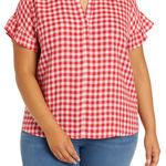 Crown & Ivy Yarn Dyed Doleman Sleeve Split Neck Top in Red Gingham, XL Photo 0
