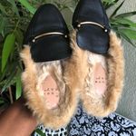 Black and tan faux fur loafer mules with gold accents Size 6.5 Photo 0