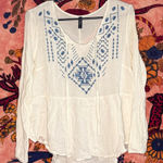 Massini White & Blue Embroidered Flowy Long-Sleeve Photo 0