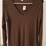 Old Navy  Luxe‎ Ribbed V-Neck Long Sleeve Top Brown Basic Tee XS Photo 0