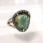 Sam Edelman NEW - Statement Cocktail Moss Agate Gemstone Silver Ring w Halo of Rhinestones Photo 1