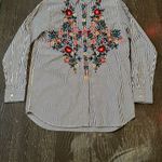 ZARA Women's XS Blue Striped Embroidered Poplin Button-Up Long Sleeve Shirt Photo 2