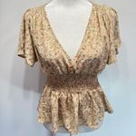 Ambiance Boho Dainty Floral Low V Neck Smocked Waist Flutter Sleeve Blouse Size L Photo 2