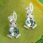 Silver Bunny Earrings Easter Bunny w/ Crystal Egg Sunday Jewelry, Cute Rabbit Photo 0