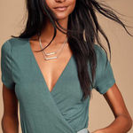 Lulus Marren Slate Blue Short Sleeve Surplice Bodysuit Womens size medium Photo 0