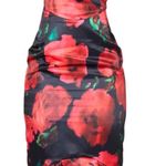 Pretty Little Thing Black Rose Print Satin Bandeau Frill Midi Dress size 10 us Photo 0
