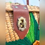 Vintage 3D Floral Wicker Basket Bag Purse Handbag Tan Green Photo 7