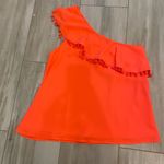 Crosby Bright Melon Orange One Shoulder Top with Ruffle and Pom Photo 0
