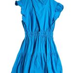 Line and Dot Blue Ruffle Cap Sleeve Mock Neck A-Line Poplin Mini Dress Size Large Photo 5