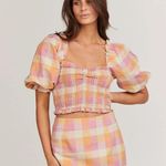 Charlie Holiday NEW Pink Multi Check Andrea Smocked Puff Sleeve Crop Blouse S/4 Photo 4