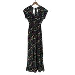 BETINA Floral Print Maxi Dress Deep V Neck Smocked Waist Tie Back Navy Black Photo 1