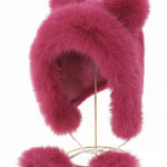 Faux Fur bear ears trapper hat. Bright pink Photo 0