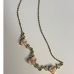 VTG Gold Tone Necklace Pink Rose Beads & Rhinestones Romantic Floral Jewelry 8" Photo 2
