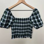 American Eagle  NWT Trendy Plaid Puff Sleeve Top Green Navy White Smocked Crop Photo 4