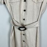 Charter Club Shirt Dress 12 Beige 100% Linen Midi Button Up Belted Short Sleeve Photo 4