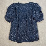 Ecru Puff Sleeve Blouse Women's X-Small Blue/White V-Neck Ruffle Polka Dot Pleat Photo 5