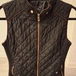Love Tree Quilted Vest Womens M Black with Brown Trim Mock Neck Pockets Size M Photo 0
