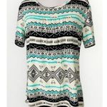🌸3/$15🌸 Francesca’s Black & Teal Aztec Short Sleeve Casual Career Blouse Small Green Photo 0