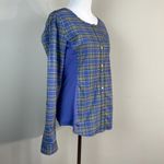 REI Shirt Womens Small Purple Plaid Snap Button Long 3/4 Tab Sleeve Pintuck Top Photo 1