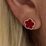 Gold Plated RED Clover Earrings Stainless Steel Floral Womens Jewelry Photo 0