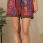 Sundance Kalini Shorts Floral Stripes Brown Contrast Trim Linen Size L Petite Photo 0