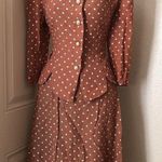 Beautiful possibly 1950s vintage brown and white polka dot two piece blazer top blouse with pearl buttons and skirt Size M Photo 0