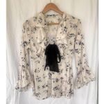 NNWM Woman Floral Ruffle Blouse Black Bow Tie Bell Sleeve Button Victorian M White Size M Photo 0