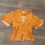 Topshop  angel sleeve button through rose print satin tea top in orange - Size 6 Photo 3