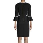 Calvin Klein Black 3/4 Bell Sleeve White Piping Trim Sheath Dress Size 6 Photo 1
