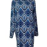 Loft  Shift Dress Boat Neck Long Sleeves Blue Multi Print Women’s Size Medium Photo 0