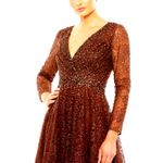 Mac Duggal  Embellished Illusion Long Sleeve V-Neck Gown Chocolate 12 Photo 2