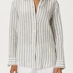 Quince  Black Striped European Linen Long Sleeve Preppy Coastal Fisherman Shirt L Photo 0