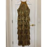 Mac Duggal NWT 30763 Gold High Neck Pleated Tiered Ruffle Metallic Gown Size 12 Photo 3
