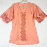 XCVI Top Women's Small Crochet Embroidered Cotton Half Sleeve V-Neck Coral Photo 0