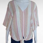 Tribal Fuchsia White Embroidered Vertical Stripe Tie Waist Blouse Size Large Photo 1