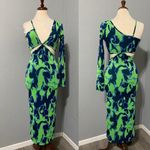 ZARA Green Asymmetric Jacquard V-Neck Dress Size M Spaghetti Strap One Sleeve Photo 2