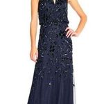 Adrianna Papell NWT Navy Twilight Floral Beaded Halter Floor Length Dress Sz 10 Photo 0