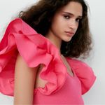 ZARA  Women’s Hot Pink Ribbed knit Poplin Ruffle Bodysuit Size Small Photo 5