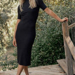Marine layer  Lexi Rib Mock Neck Midi Dress Black Short Sleeve Medium Lined Photo 0