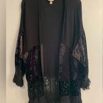 Knox Rose Boho Witchy Burnout Velvet Animal Print Fringe Black Women's Kimono Cardigan Photo 6