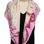 Y2K Italian 100% silk jacquard floral color block square scarf pink tan 34" Photo 5