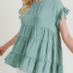 JODIFL  Green Dotted Ruffle Sleeve Tiered Layered Baby Doll Blouse Photo 0