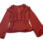 Gracia  V Neck Ruffled Trim Bell Sleeve Blouse Photo 0