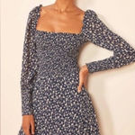 Reformation  Kelli Smocked Long Sleeve Floral Mini Dress in Elyse Navy sz Medium Photo 0