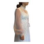 Vintage 1970s Sheer Lace High Neck Bridal Wedding Gown with Bow Detail XS White Photo 13